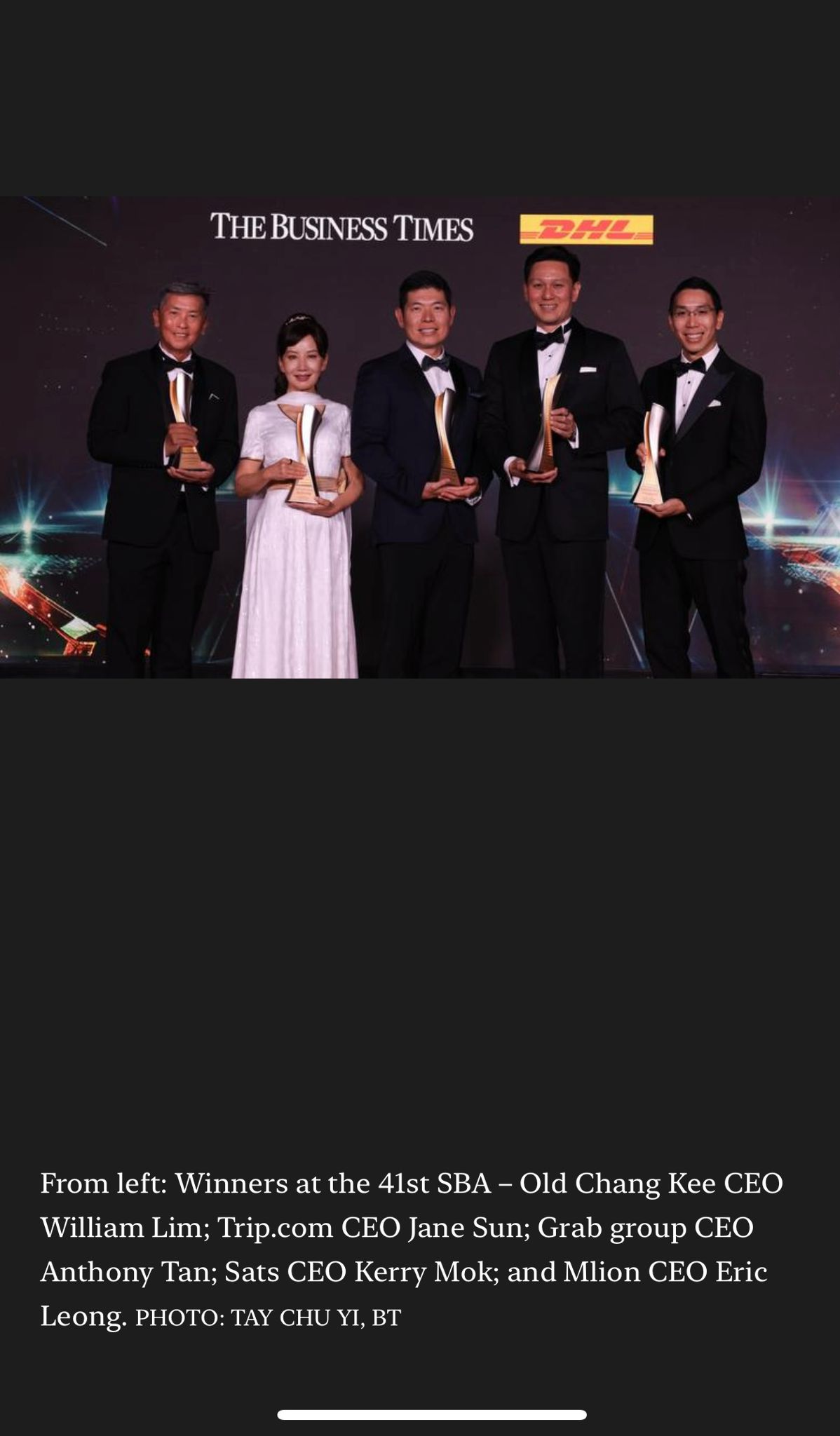 Winners at the 41st Singapore Business Awards: Old Chang Kee CEO William Lim, Trip.com CEO Jane Sun, Grab CEO Anthony Tan, SATS CEO Kerry Mok, Mlion CEO Eric Leong